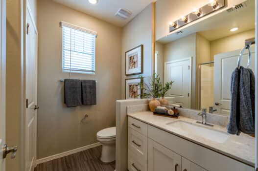 Model bathroom at our townhomes for rent in Queen Creek, AZ, featuring marble countertops and wood grain floor paneling.