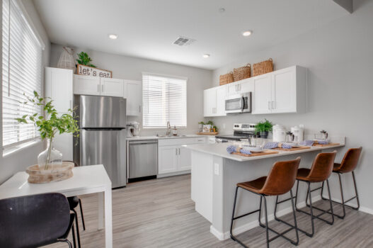 kitchen with barstools